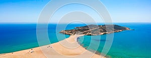 Aerial birds eye view drone photo Prasonisi on Rhodes island, Dodecanese, Greece. Panorama with nice lagoon, sand beach and clear