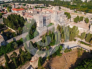 Aerial birds eye view drone photo Rhodes city island, Dodecanese, Greece. Panorama with ancient old fortress and Palace of the