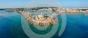 Aerial birds eye view drone photo of Rhodes city island, Dodecanese, Greece. Panorama with Mandraki port, lagoon and clear blue photo