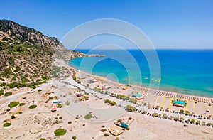 Aerial birds eye view drone photo Tsambika beach near Kolympia on Rhodes island, Dodecanese, Greece. Sunny panorama with sand