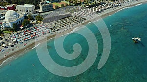 Aerial birds eye view video taken by drone of Rhodes island town peninsula and Elli beach popular summer tourist