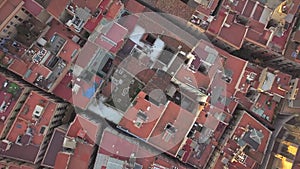 AERIAL: Birds View of Barcelona Streets,Old Town,Houses at Sunset, Summer, Sunny