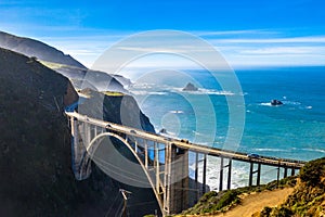 Aerial Bixby Bridge Rocky Creek Bridge and Pacific Coast Highway near Big Sur in California, USA. Drone Shot