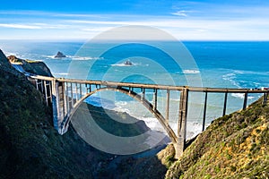 Aerial Bixby Bridge Rocky Creek Bridge and Pacific Coast Highway near Big Sur in California, USA. Drone Shot