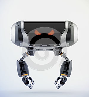 Aerial black angry robot toy with digital red eyes, 3d rendering