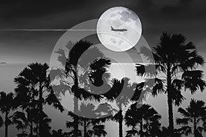 Aerial black and white dramatic atmosphere of super full moon with silhouette aircraft fly over  peaceful ocean on dark sky with