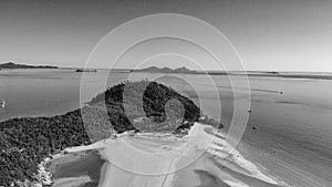 Aerial black and white panoramic view of Whitehaven Beach from d