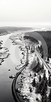 Aerial Black And White Photography: Snowy Road Through River And Forest photo