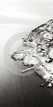 Aerial Black And White Winter Village Photography Near Ocean