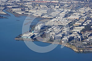 Aerial of Blue Line Transfer Inc and Genentech along San Francisco Bay