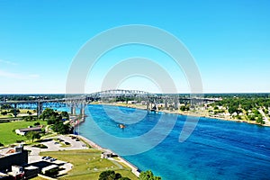 Aerial of the Blue Water Bridge between Sarnia and Port Huron photo