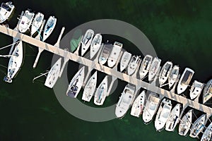 Aerial of boats parked in port