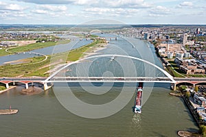 Aerial from the bridge the Oversteek at the river Waal near Nijmegen in the Netherlands