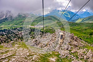 aerial cableway for the mountains, Langkofel, Telecabine Sassolungo to Forcella del Sassolungo in the Dolomite Alps