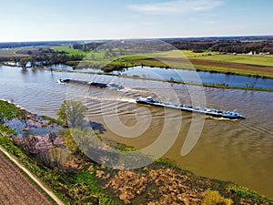 Aerial capture panoramic view of the Maas river in Arcen, Netherland