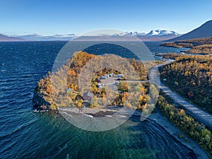 aerial Car Camping Caravan parking lake Abisko national park Bjoerkliden swedish lapland fall colors ruska indian summer