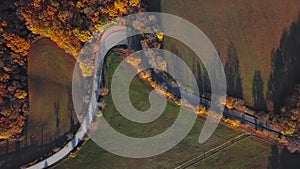 Aerial of cars driving through sunny autumn forest.