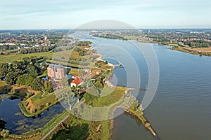 Aerial from castle Loevestein and the river Merwede in the Netherlands