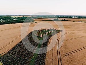 Aerial of a cereal field and the ruins of an old stone building, reminiscent of Stonehenge.