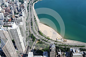 Aerial Chicago view, buildings, beaches and Lake Michigan