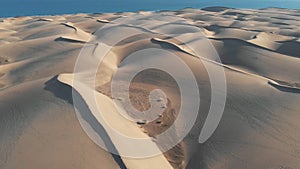 AERIAL. Cinematic flight over the desert at sunset - the tops of the sand dunes cast shadows. Panorama of the natural