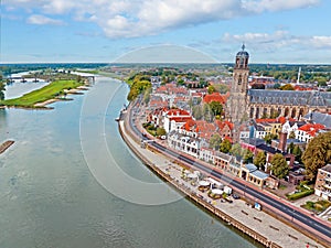 Aerial from the city Deventer at the river IJssel in the Netherlands