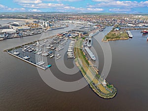 Aerial from the city and harbor from Lemmer in Friesland the Netherlands photo