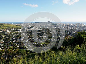 Aerial of city of Honolulu from Diamond Head to Manoa