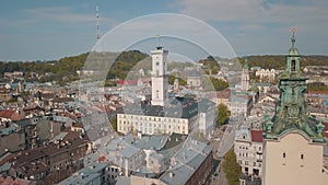 Aerial City Lviv, Ukraine. European City. Popular areas of the city. Town Hall