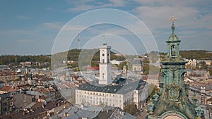 Aerial City Lviv, Ukraine. European City. Popular areas of the city. Town Hall