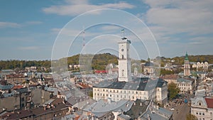 Aerial City Lviv, Ukraine. European City. Popular areas of the city. Town Hall