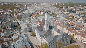 Aerial City Lviv, Ukraine. European City. Popular areas of the city. Town Hall