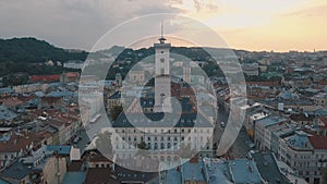 Aerial City Lviv, Ukraine. European City. Popular areas of the city. Town Hall