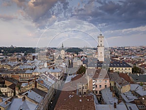 Aerial City Lviv, Ukraine. European City. Popular areas of the city. Town Hall