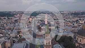 Aerial City Lviv, Ukraine. European City. Popular areas of the city. Town Hall