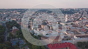 Aerial city Lviv, Ukraine. European City. Popular areas of the city. Town Hall