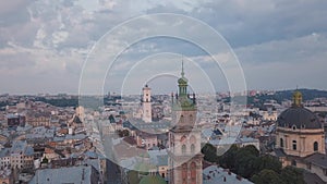 Aerial city Lviv, Ukraine. European City. Popular areas of the city. Town Hall