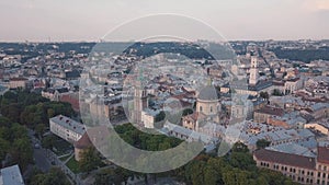 Aerial city Lviv, Ukraine. European City. Popular areas of the city. Town Hall