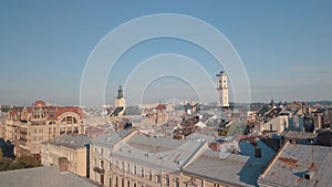 Aerial City Lviv, Ukraine. European City. Popular areas of the city. Town Hall