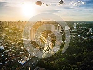 Aerial city scape during summer at sunset in Cuiaba Mato Grosso Brazil