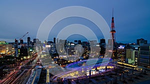 aerial city skyline timelapse view of the Nagoya city center with Nagoya TV Tower landmark building among highrise buildings