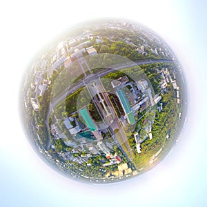 Aerial city view from air - little planet mode