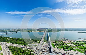 Aerial city view with crossroads and roads, houses buildings. Copter shot. Panoramic image.