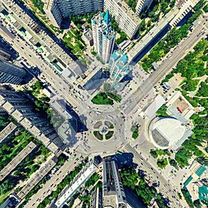 Aerial city view. Urban landscape. Copter shot. Panoramic image.