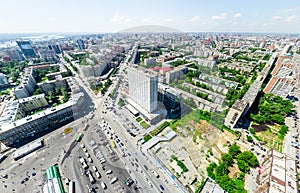 Aerial city view. Urban landscape. Copter shot. Panoramic image.