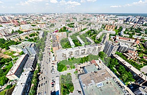 Aerial city view. Urban landscape. Copter shot. Panoramic image.