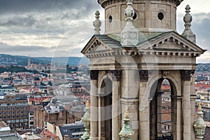 Aerial city view from Saint Stephen`s Basilica in Budapest, Hungary