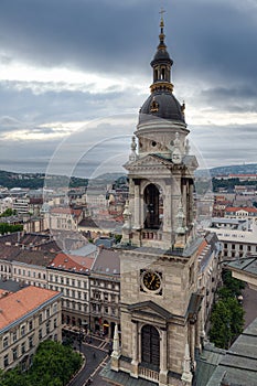 Aerial city view from Saint Stephen`s Basilica in Budapest, Hungary