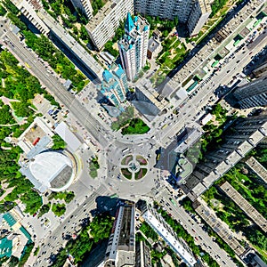 Aerial city view. Urban landscape. Copter shot. Panoramic image.