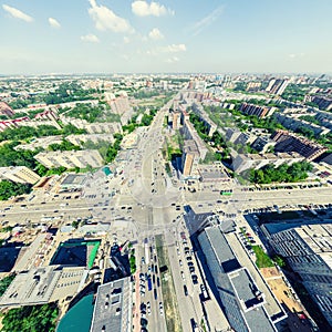 Aerial city view. Urban landscape. Copter shot. Panoramic image.